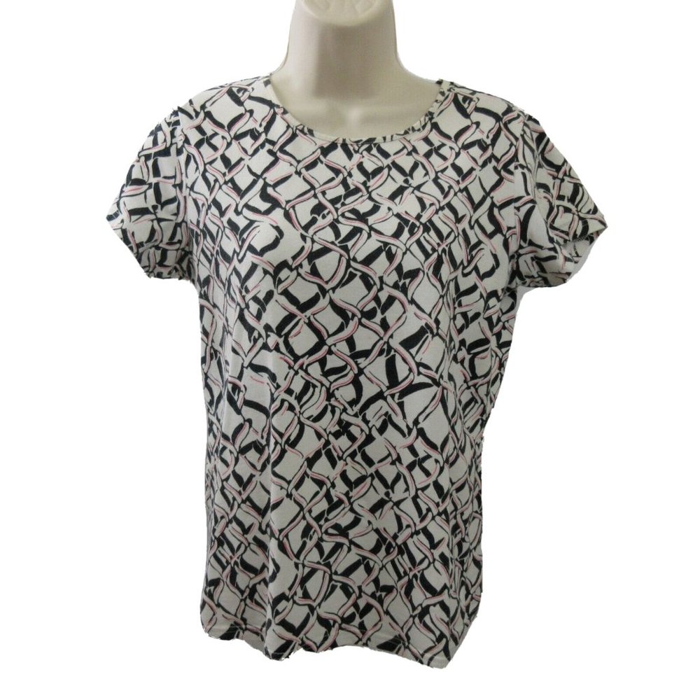 IZOD Black White Pink Geometric T-Shirt Size Medium Short Sleeve Stretch Tee
